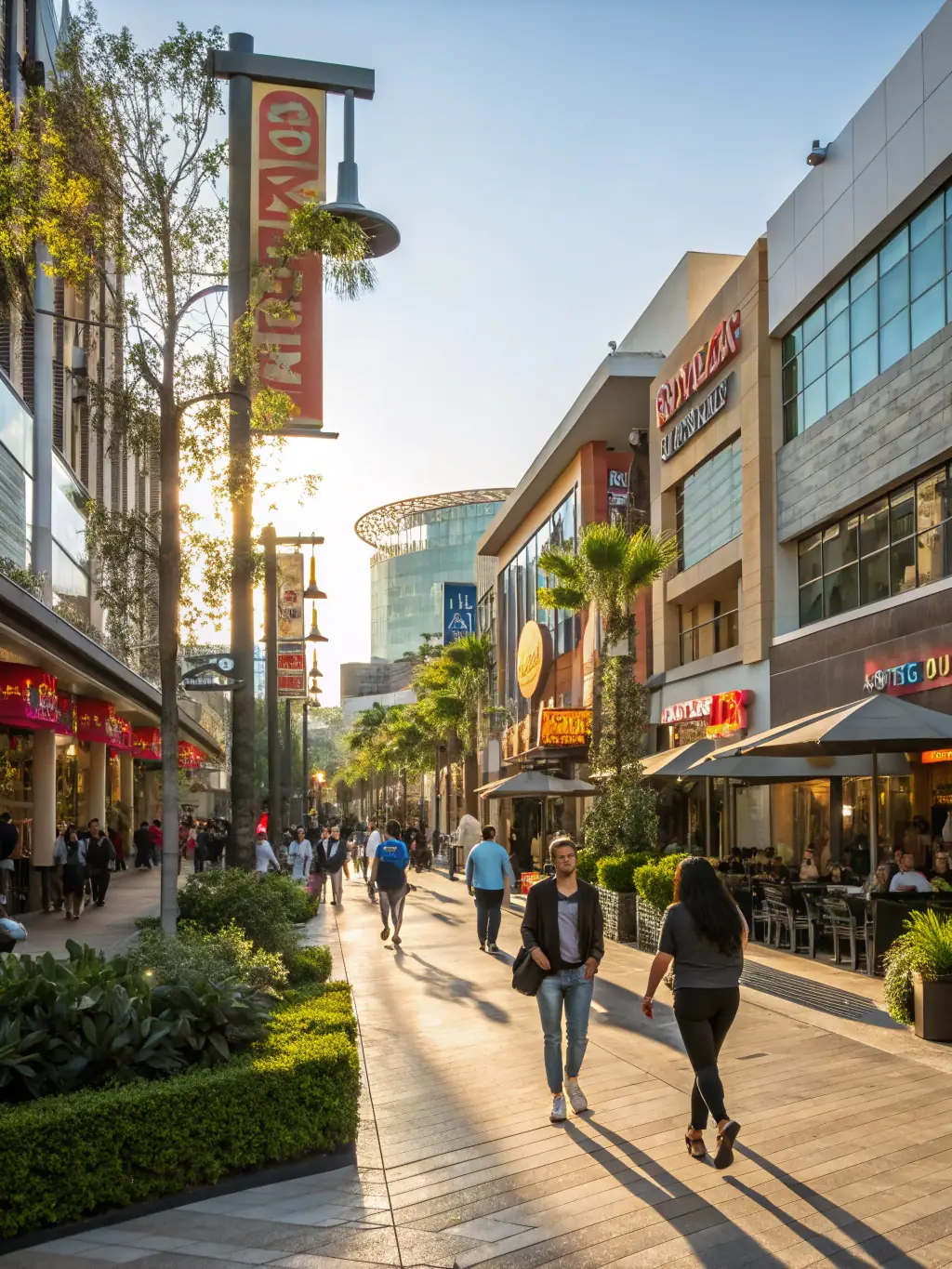 A bustling commercial complex with modern architecture and active public spaces, reflecting Homeland Development's capabilities in commercial projects.
