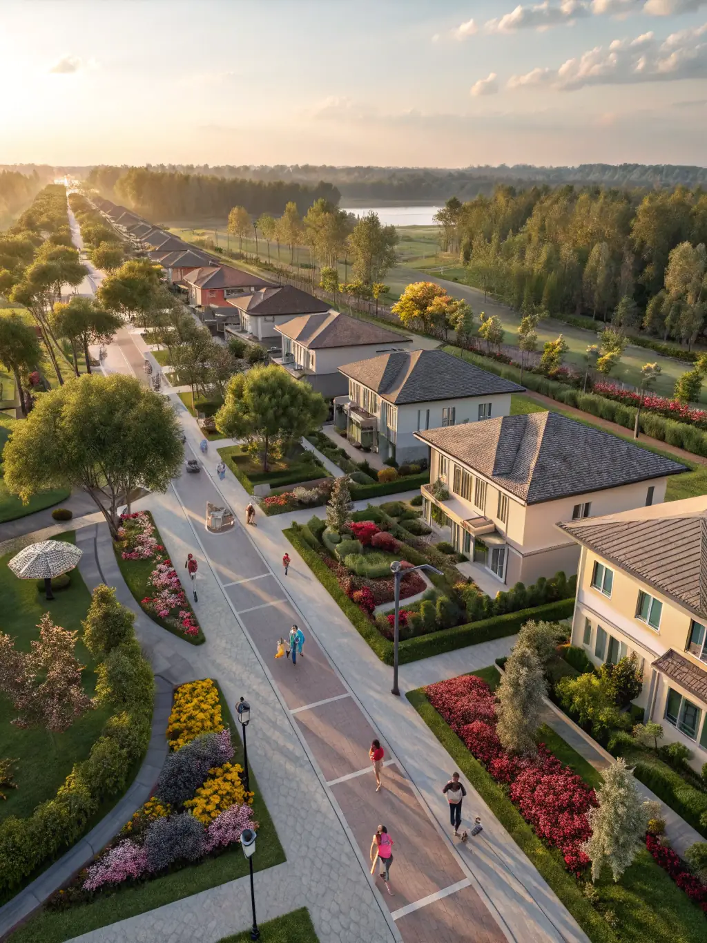 An aerial view of a master-planned community with green corridors and well-designed infrastructure, illustrating Homeland Development's urban planning and consulting expertise.