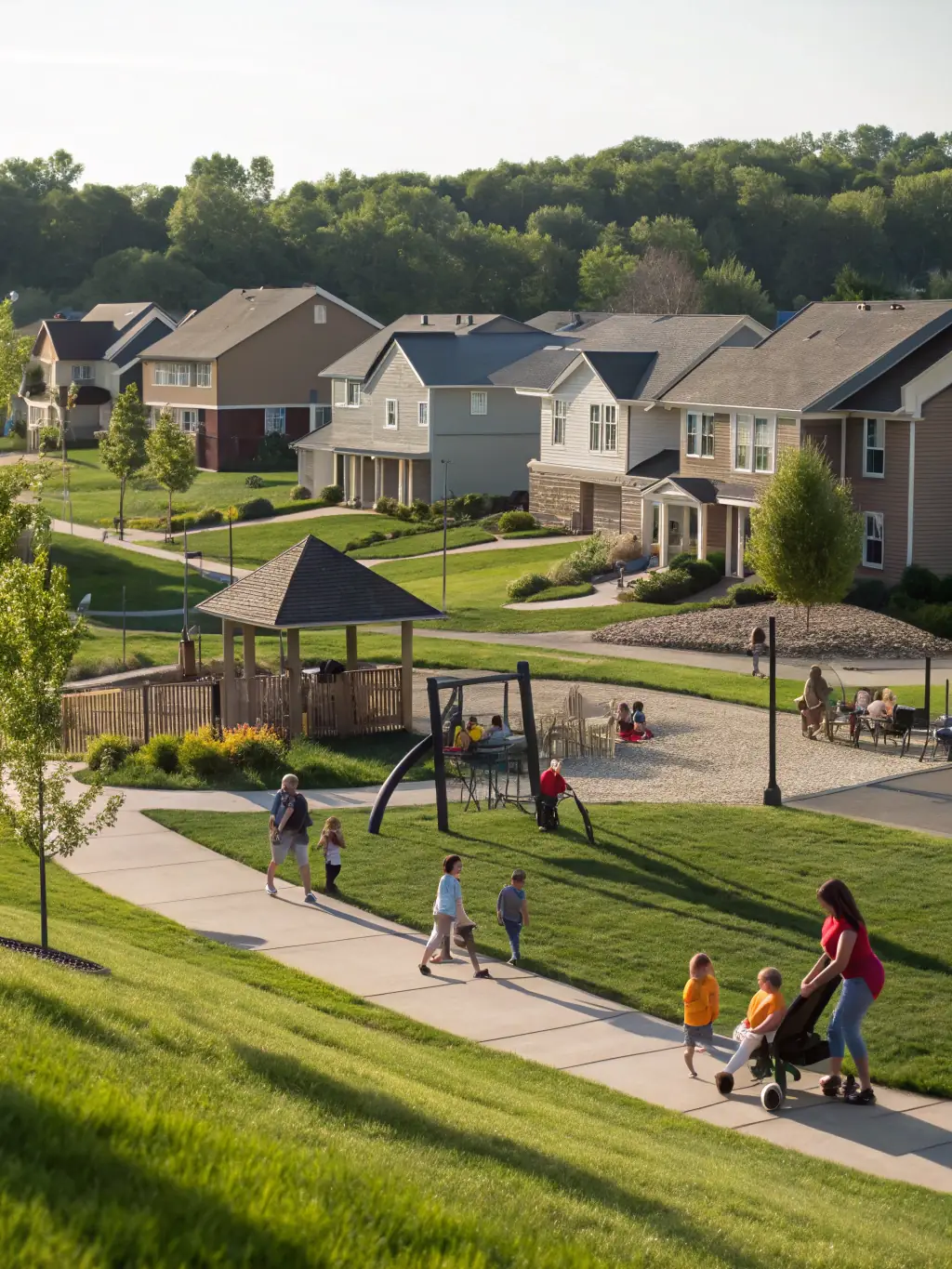 A panoramic view of a newly developed residential neighborhood with green spaces and modern homes, showcasing Homeland Development's expertise in residential development.
